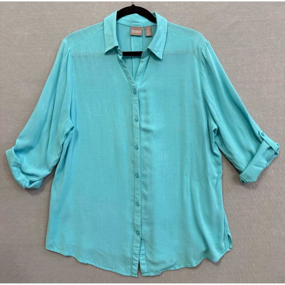 Chico's Womens Size 2 Blue Aqua Linen Button-Down Collared Roll Tab 3/4 Blouse